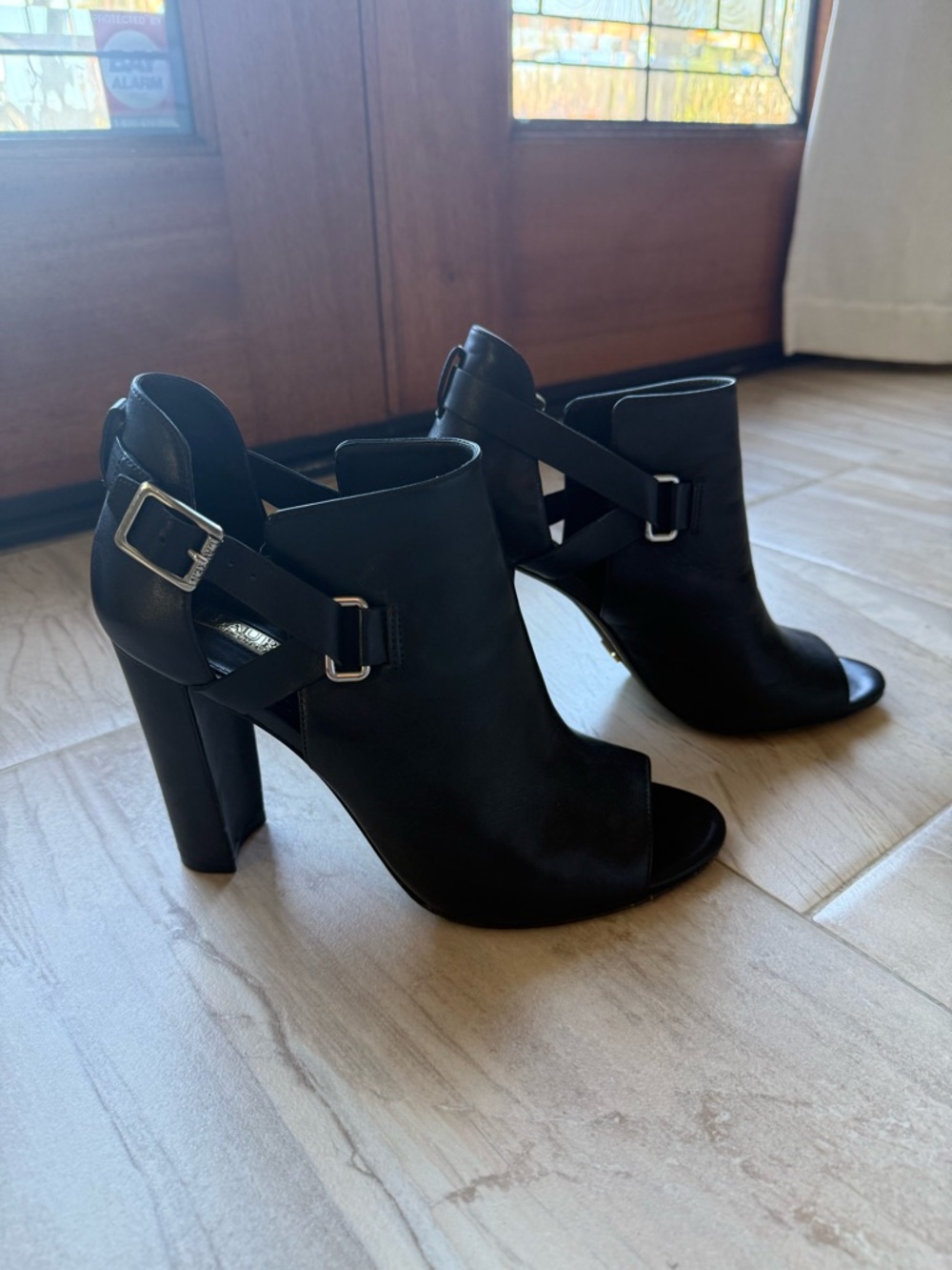 Lauren Ralph Lauren Black Peep-Toe Buckle Block Heel Booties